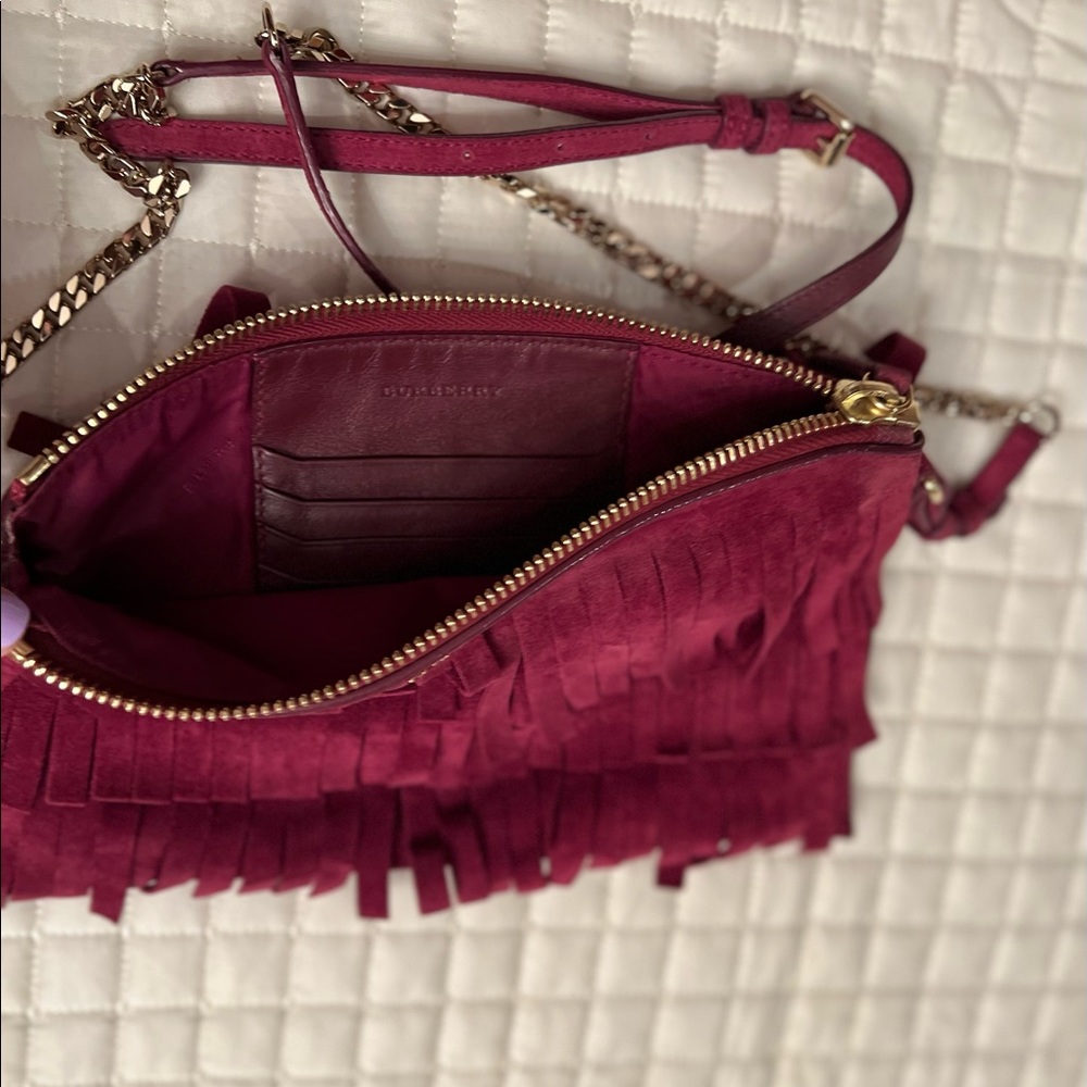 Burberry Peyton Suede Magenta Fringe Crossbody Bag - Picture 10 of 10